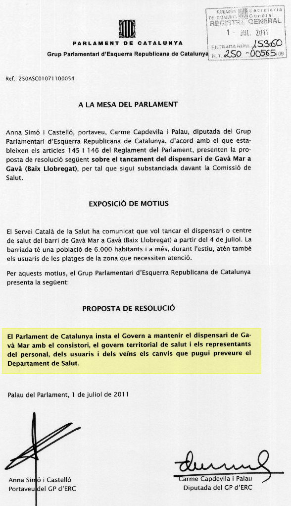 Proposta de resoluci presentada per ERC al Parlament de Catalunya perqu es reobri el dispensari mdic de Gav Mar